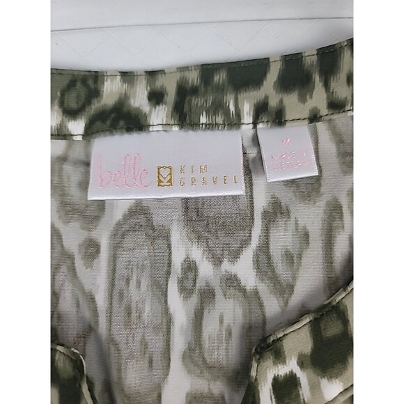 Belle Kim Gravel Blous Sz M Green White Animal Print Pullover V-Neck Long Sleeve - Picture 2 of 10